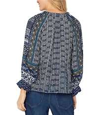 Liverpool Los Angeles Woven Printed Split V-Neck 3/4 Sleeve Button Front Blouse