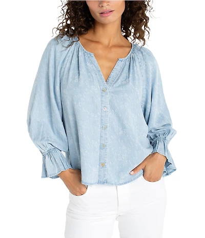 Liverpool Los Angeles Woven Printed V-Neck 3/4 Sleeve Top