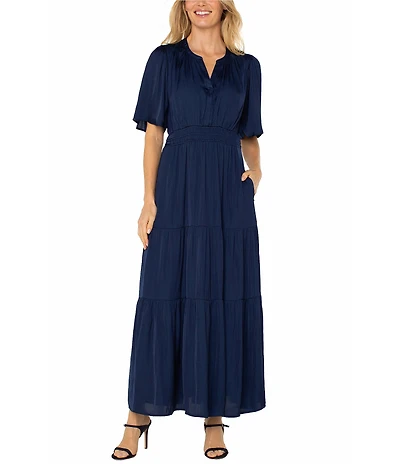 Liverpool Los Angeles Woven Sateen V-Neck Short Sleeve Maxi Dress