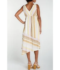 Liverpool Los Angeles Woven Stripe V-Neck Sleeveless Midi Dress