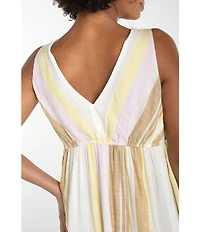 Liverpool Los Angeles Woven Stripe V-Neck Sleeveless Midi Dress