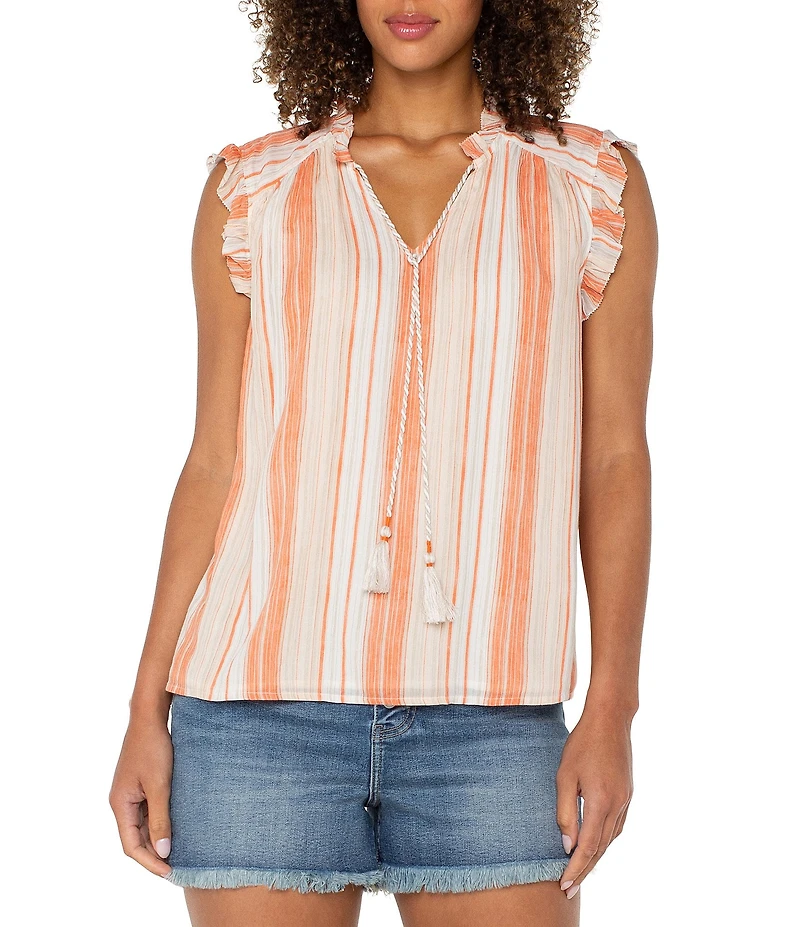 Liverpool Los Angeles Woven Stripe V-Neck Tassel Tie Ruffle Trim Blouse