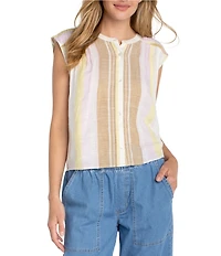 Liverpool Los Angeles Woven Striped Round Neck Short Sleeve Blouse