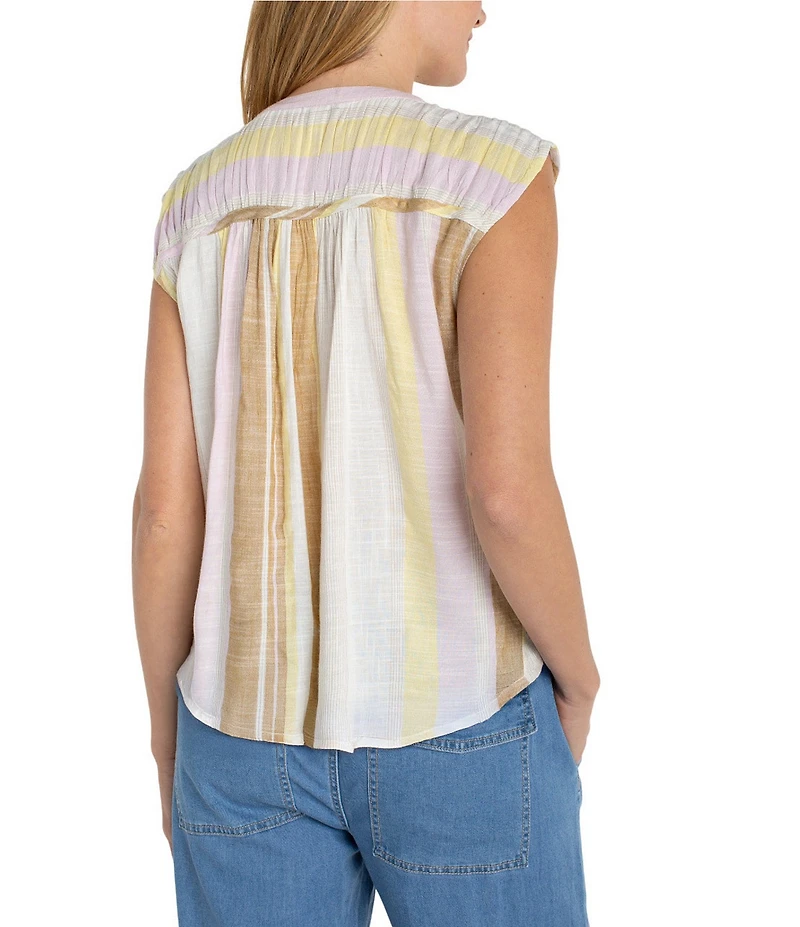 Liverpool Los Angeles Woven Striped Round Neck Short Sleeve Blouse
