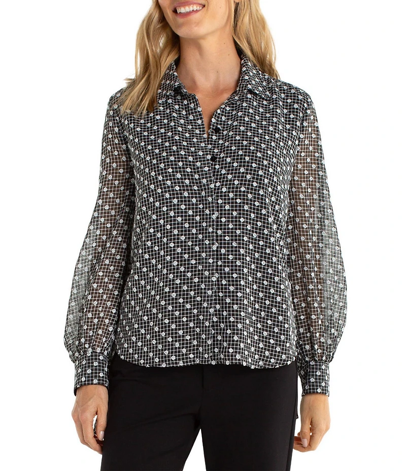 Liverpool Los Angeles Woven Swiss Dot Plaid Print Point Collar Long Sleeve Blouse