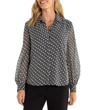 Liverpool Los Angeles Woven Swiss Dot Plaid Print Point Collar Long Sleeve Blouse