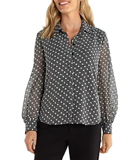 Liverpool Los Angeles Woven Swiss Dot Plaid Print Point Collar Long Sleeve Blouse