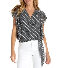 Liverpool Los Angeles Woven Swiss Dot Plaid V-Neck Short Sleeve Blouse