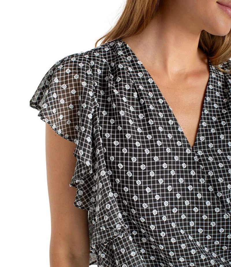 Liverpool Los Angeles Woven Swiss Dot Plaid V-Neck Short Sleeve Blouse