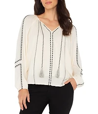 Liverpool Los Angeles Woven Tassel V-Neck Long Sleeve Blouse