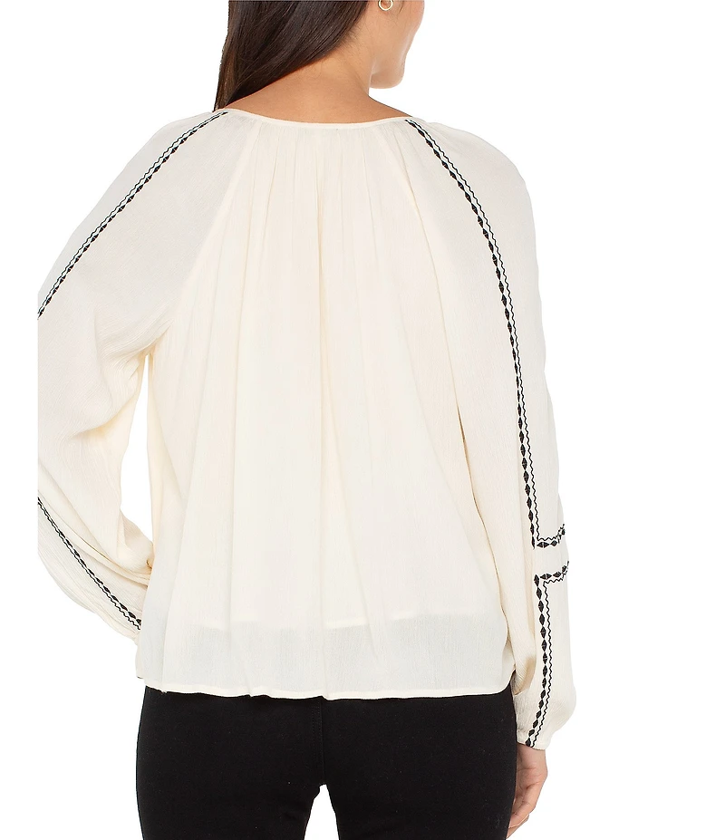 Liverpool Los Angeles Woven Tassel V-Neck Long Sleeve Blouse