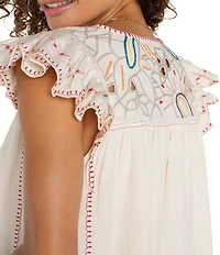 Liverpool Los Angeles Woven V-Neck Cap Sleeve Embroidered Top