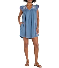 Liverpool Los Angeles Woven V-Neck Short Flutter Sleeve Embroidered A-Line Dress