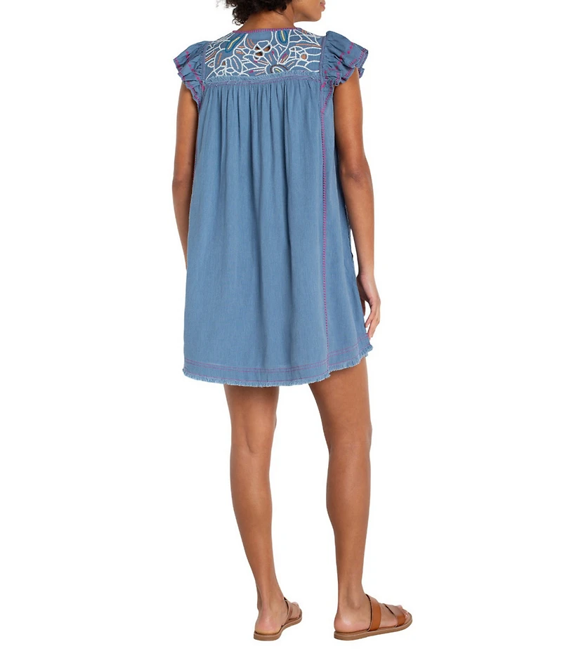 Liverpool Los Angeles Woven V-Neck Short Flutter Sleeve Embroidered A-Line Dress
