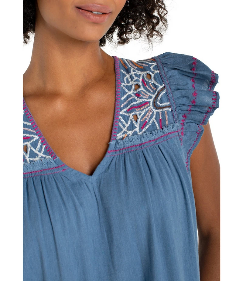 Liverpool Los Angeles Woven V-Neck Short Flutter Sleeve Embroidered A-Line Dress