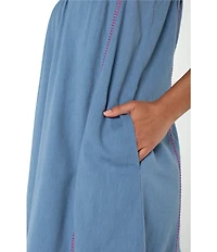 Liverpool Los Angeles Woven V-Neck Short Flutter Sleeve Embroidered A-Line Dress