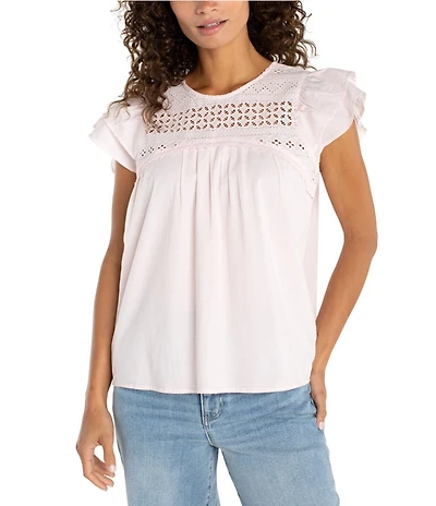 Liverpool Los Angeles Woven Voile Round Neck Flutter Sleeve Top