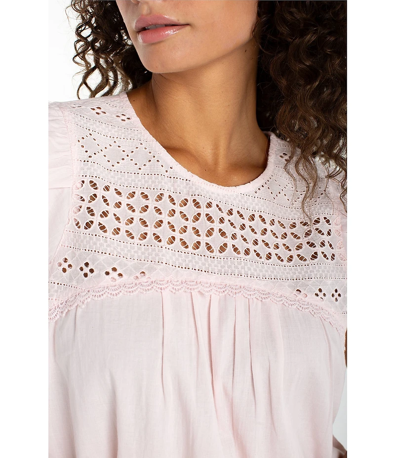 Liverpool Los Angeles Woven Voile Round Neck Flutter Sleeve Top