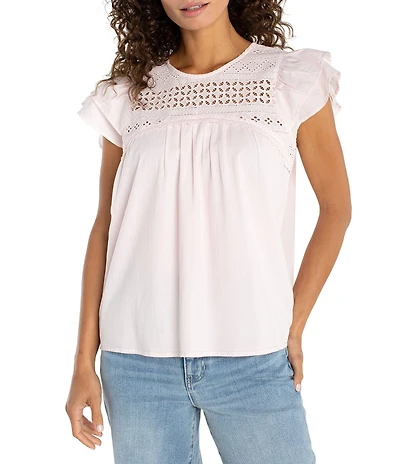 Liverpool Los Angeles Woven Voile Round Neck Flutter Sleeve Top