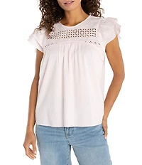 Liverpool Los Angeles Woven Voile Round Neck Flutter Sleeve Top