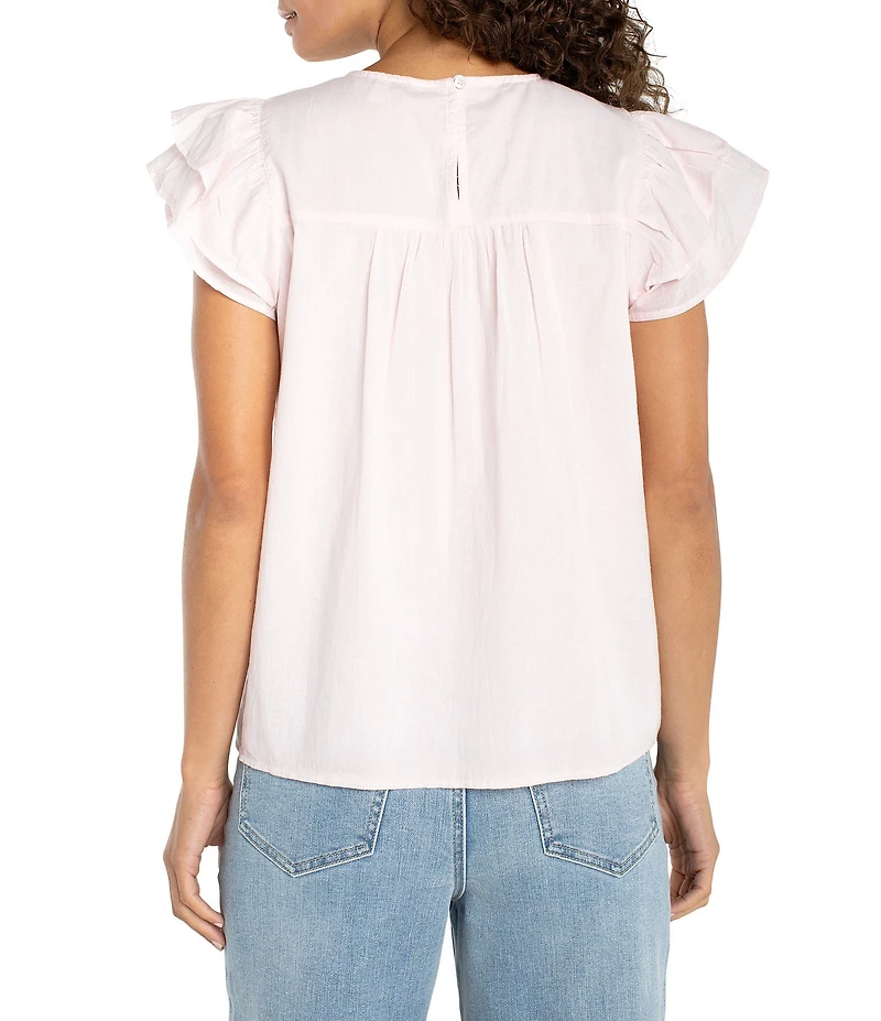 Liverpool Los Angeles Woven Voile Round Neck Flutter Sleeve Top