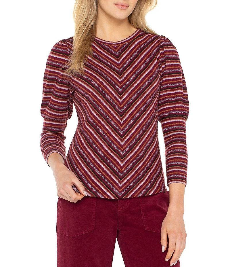 Liverpool Los Angeles Yarn-Dye Rib Stripe Crew Neck 3/4 Sleeve Top