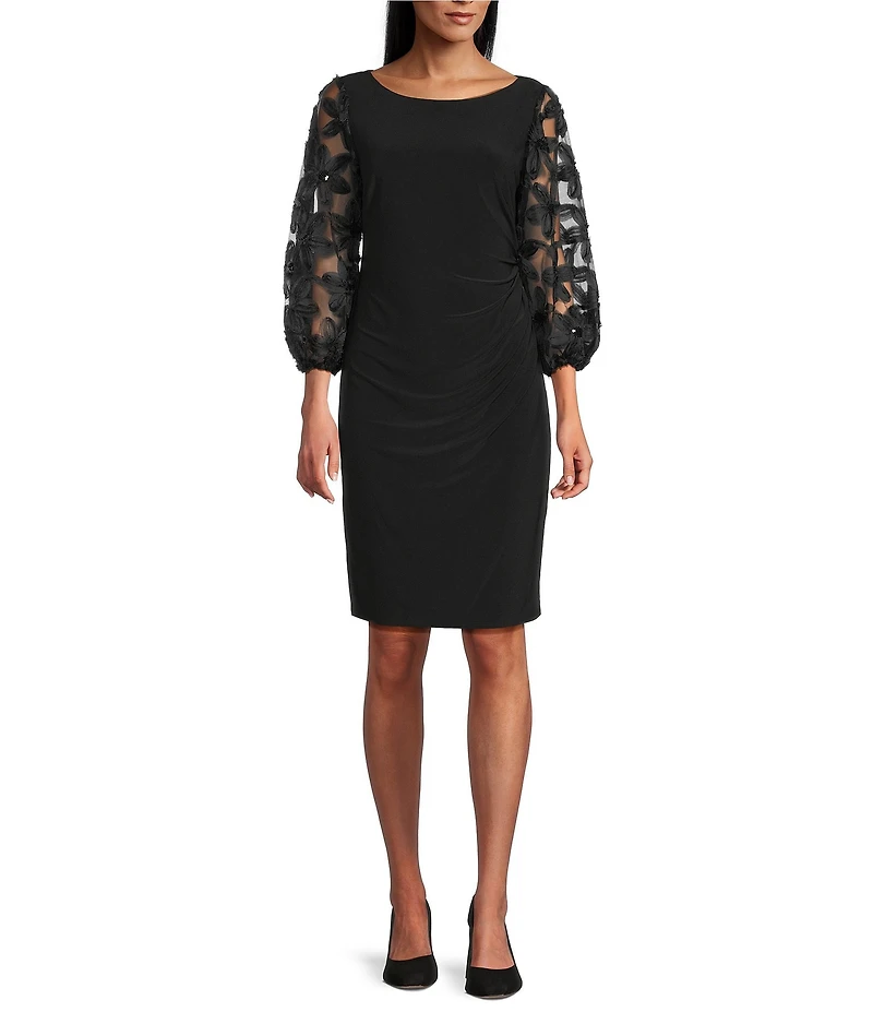 Livia Jolie by Le Bos 3D 3/4 Illusion Sleeve Ruched Boat Neck Sheath Dress