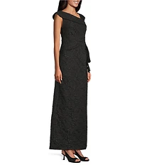 Livia Jolie by Le Bos Cloque Textured L-Neck Sleeveless Cascade Gown