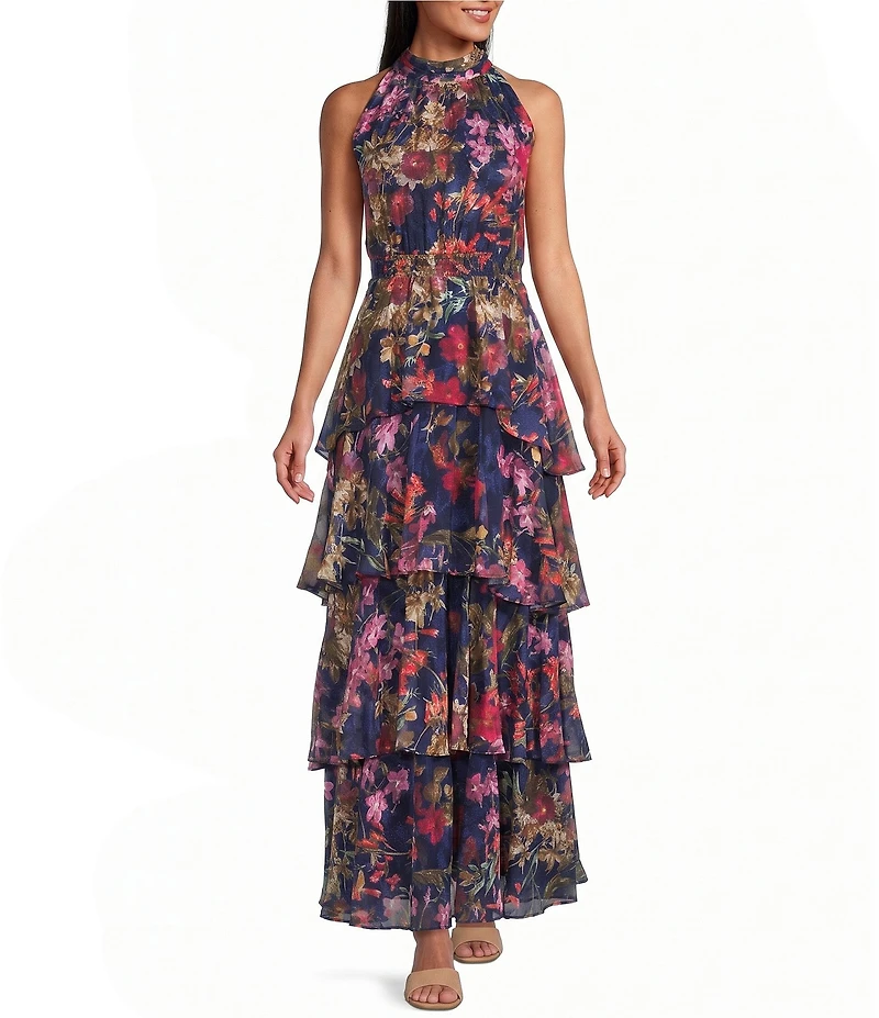 Livia Jolie By Le Bos Floral Print Halter Neck Tiered Skirt Burnout Chiffon Long Dress