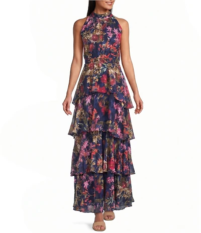 Livia Jolie By Le Bos Floral Print Halter Neck Tiered Skirt Burnout Chiffon Long Dress