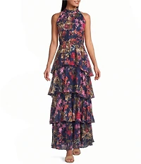 Livia Jolie By Le Bos Floral Print Halter Neck Tiered Skirt Burnout Chiffon Long Dress