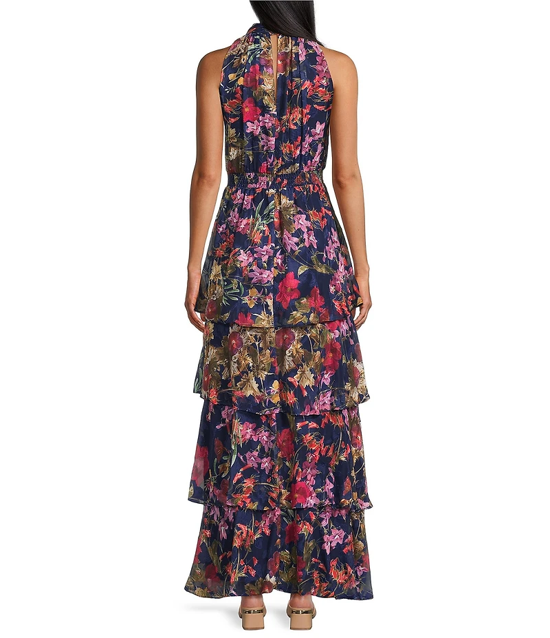 Livia Jolie By Le Bos Floral Print Halter Neck Tiered Skirt Burnout Chiffon Long Dress