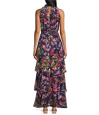 Livia Jolie By Le Bos Floral Print Halter Neck Tiered Skirt Burnout Chiffon Long Dress