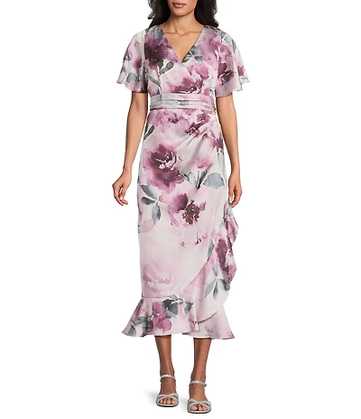 Livia Jolie By Le Bos Floral Print Mock Wrap Flutter Sleeve Midi Dress