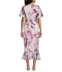 Livia Jolie By Le Bos Floral Print Mock Wrap Flutter Sleeve Midi Dress