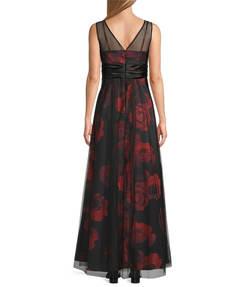 Livia Jolie by Le Bos Floral Printed Mesh Satin Illusion Neck Sleeveless Gown