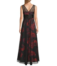 Livia Jolie by Le Bos Floral Printed Mesh Satin Illusion Neck Sleeveless Gown