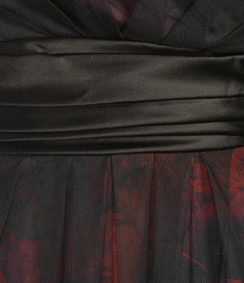 Livia Jolie by Le Bos Floral Printed Mesh Satin Illusion Neck Sleeveless Gown