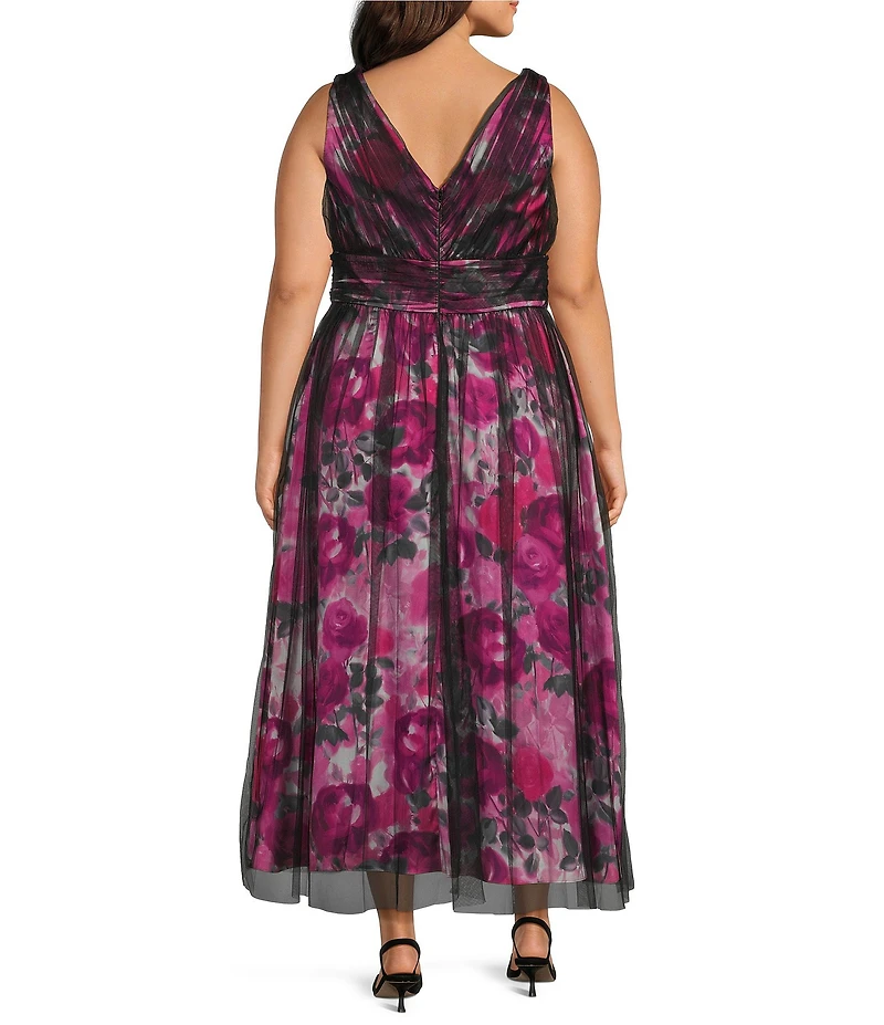 Livia Jolie by Le Bos Plus Size V-Neck Sleeveless Mesh Overlay A-Line Gown