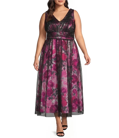 Livia Jolie by Le Bos Plus Size V-Neck Sleeveless Mesh Overlay A-Line Gown