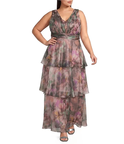 Livia Jolie By Le Bos Plus Size Watercolor Floral Print Tiered Skirt Organza Gown