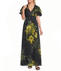 Livia Jolie By Le Bos Short Sleeve Surplice Neck Floral Print Burnout Chiffon Dress