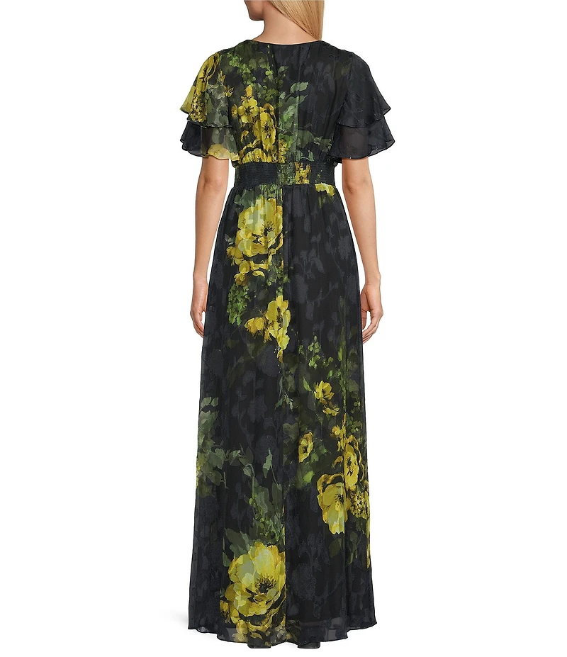 Livia Jolie By Le Bos Short Sleeve Surplice Neck Floral Print Burnout Chiffon Dress