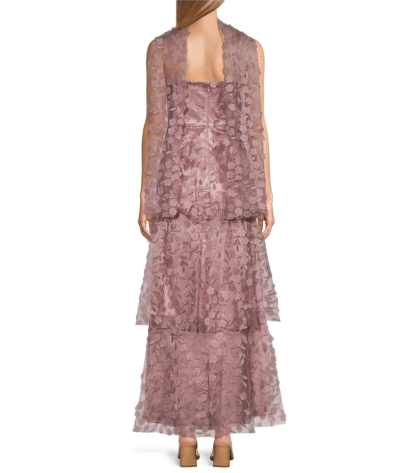 Livia Jolie by Le Bos Strapless Sleeveless 3D Floral 2 Piece Scarf and Tiered A-Line Dress