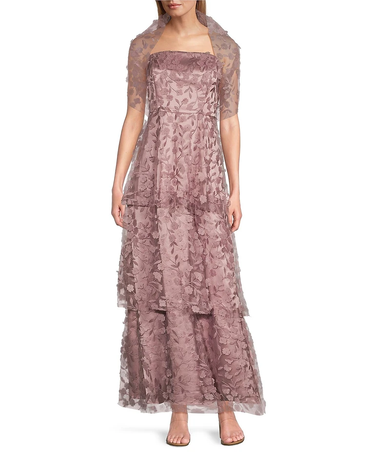 Livia Jolie by Le Bos Strapless Sleeveless 3D Floral 2 Piece Scarf and Tiered A-Line Dress