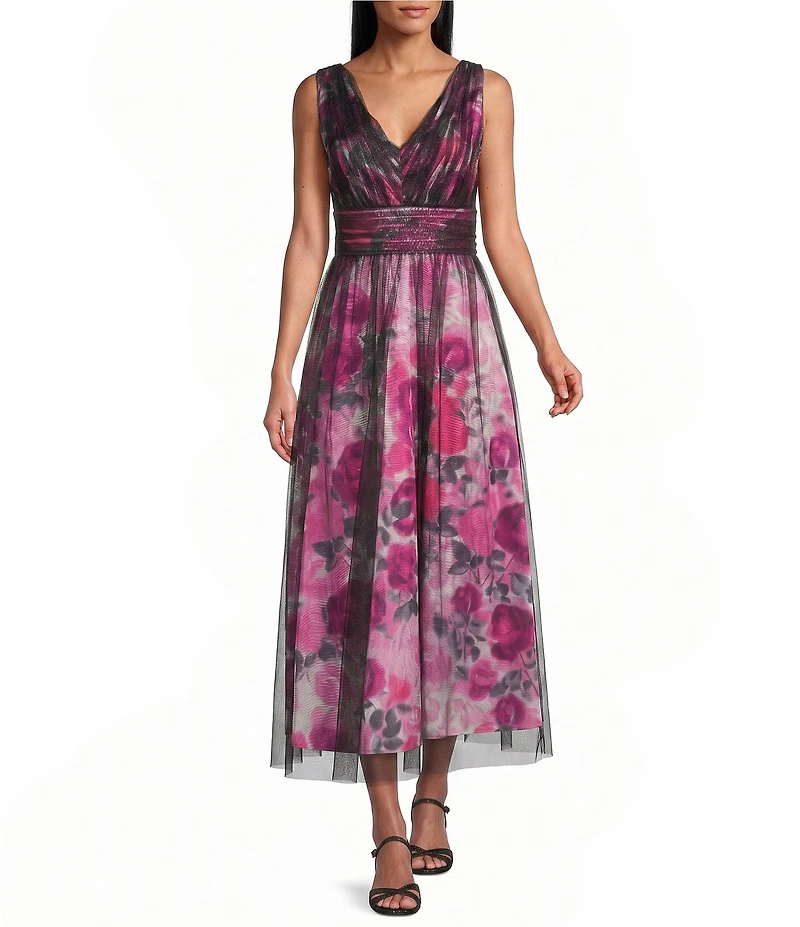 Livia Jolie by Le Bos V-Neck Sleeveless Mesh Overlay A-Line Gown