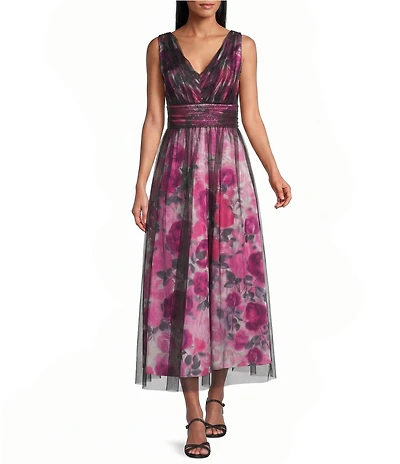 Livia Jolie by Le Bos V-Neck Sleeveless Mesh Overlay A-Line Gown