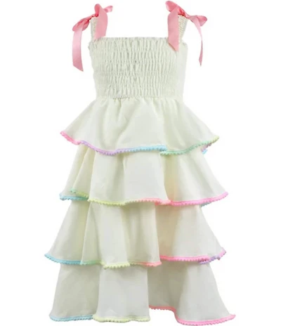 Lola + The Boys Girls Bow Strap Tiered Rainbow Trim Dress