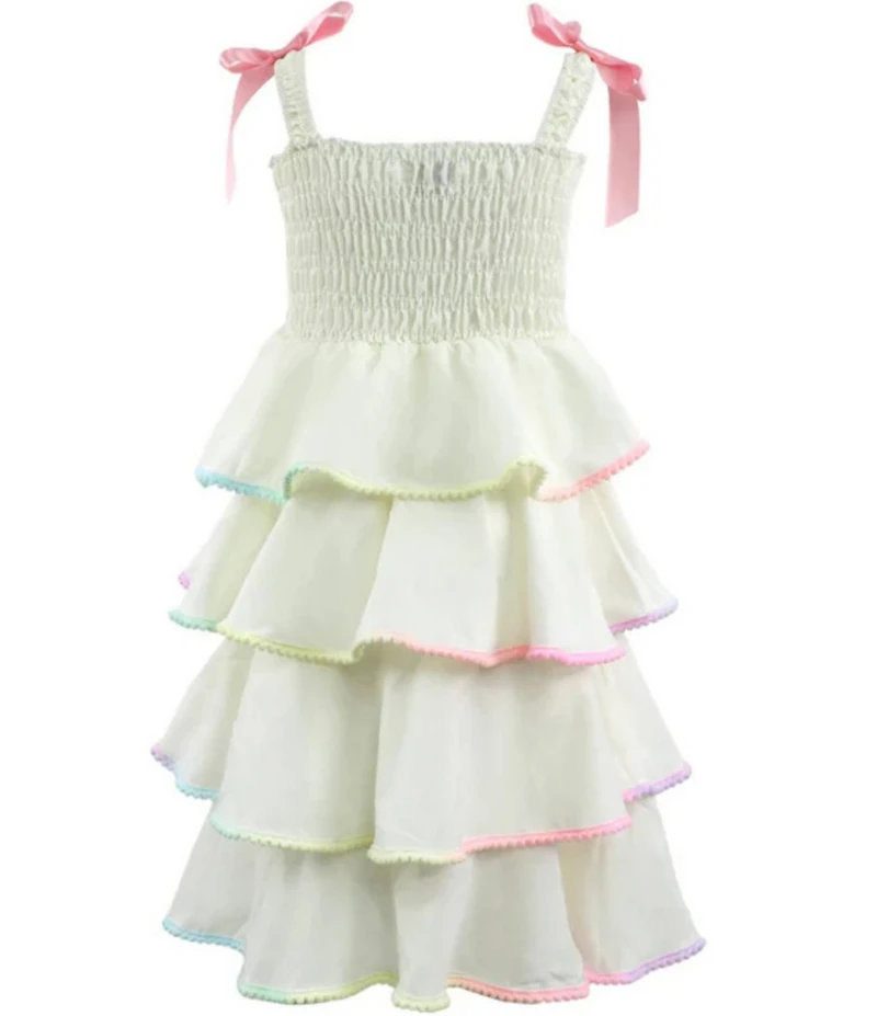Lola + The Boys Girls Bow Strap Tiered Rainbow Trim Dress