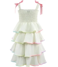 Lola + The Boys Girls Bow Strap Tiered Rainbow Trim Dress